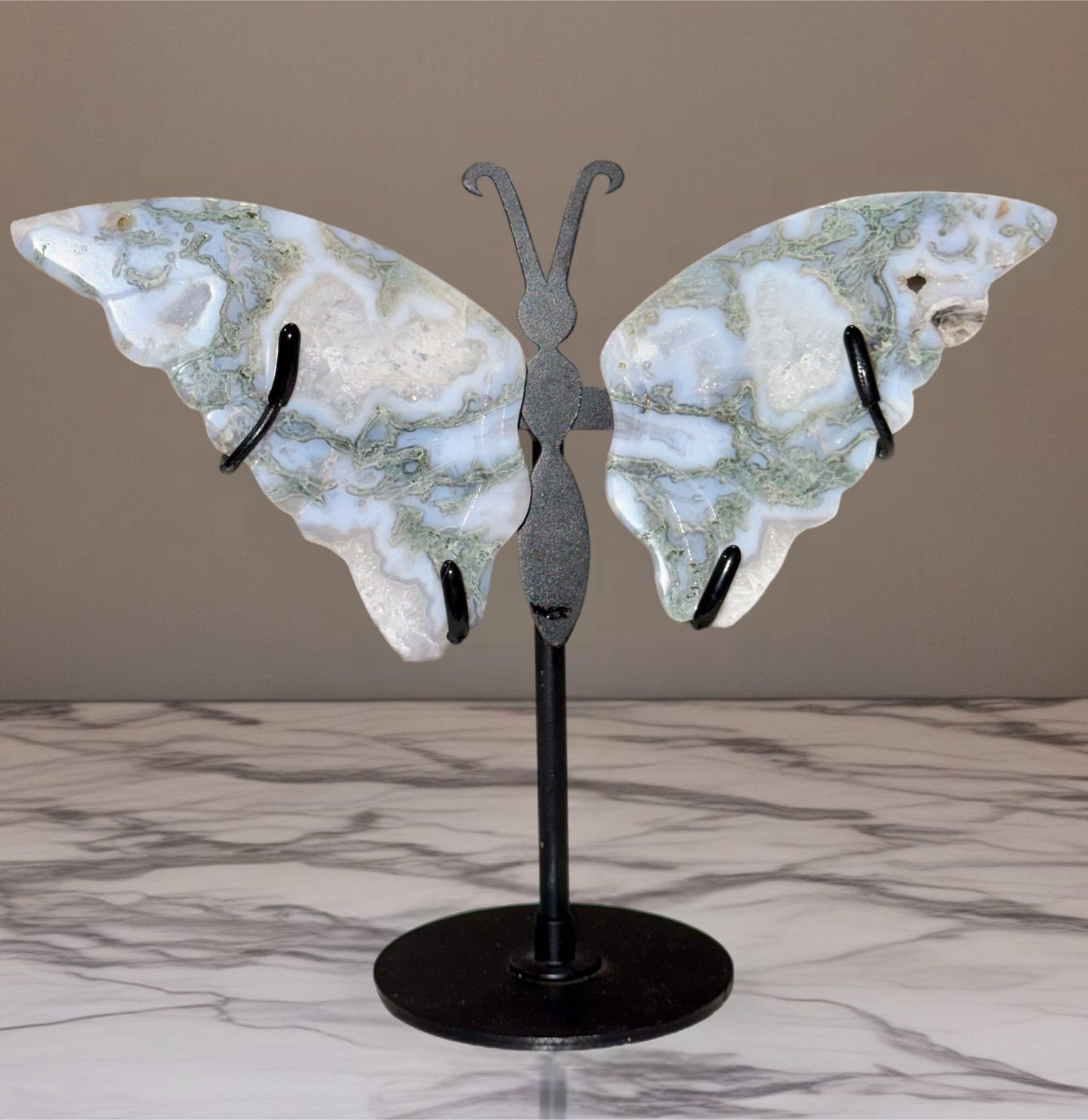 Moss Agate Butterfly Wings On Stand