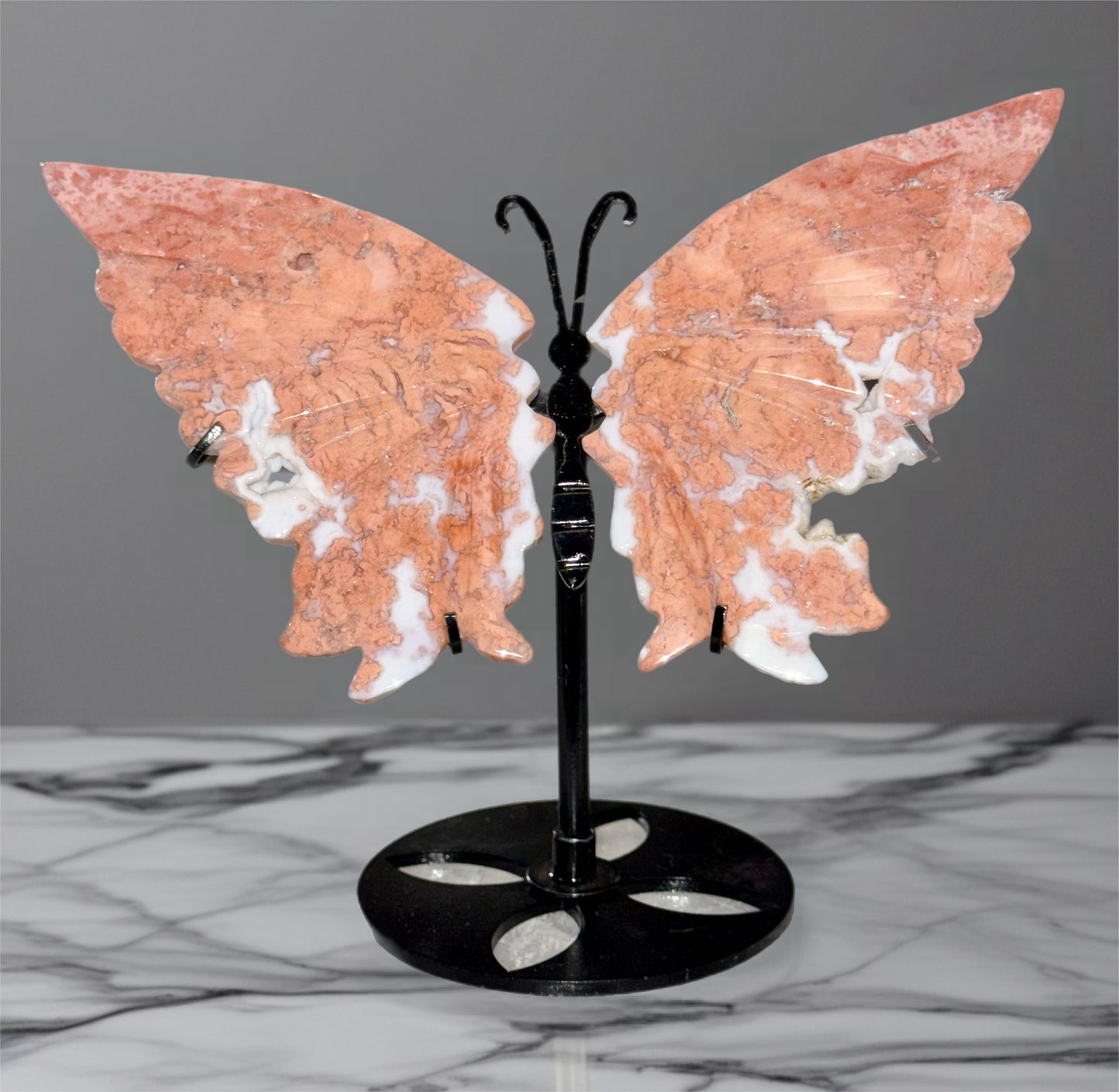 Pink Agate Druzy Butterfly on Black Stand