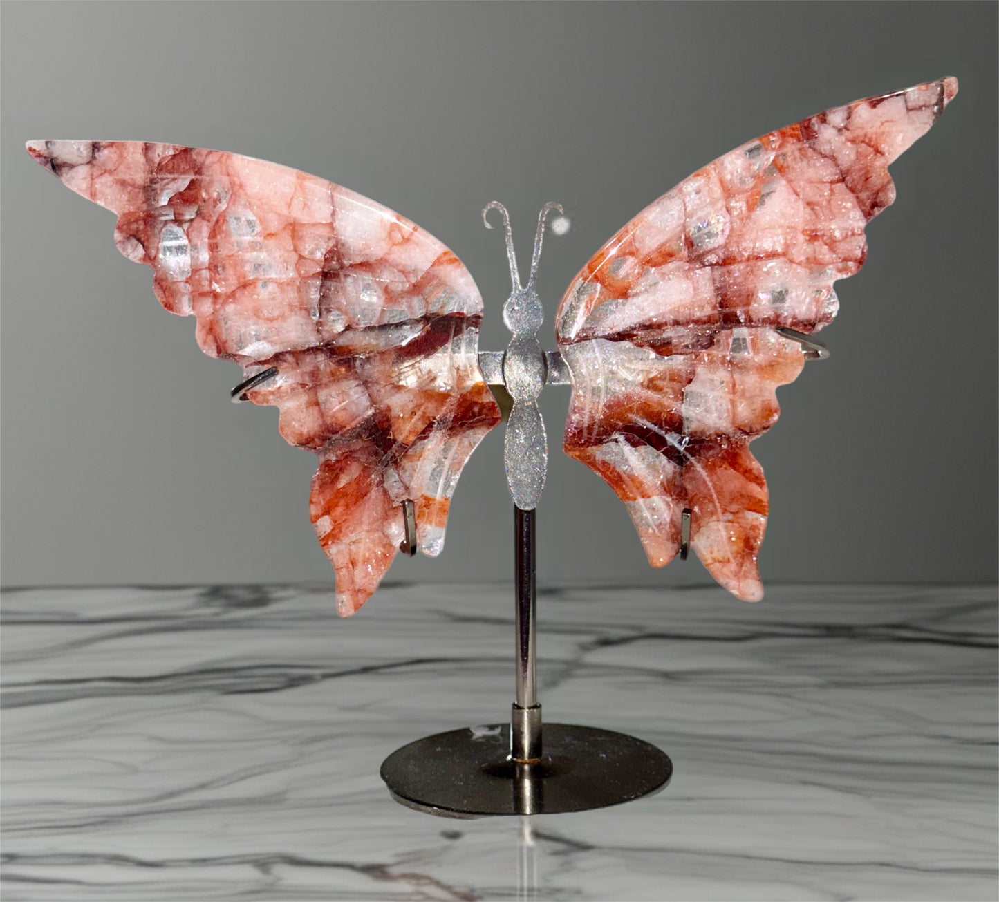 Fire Quartz Butterfly on Silver Stand