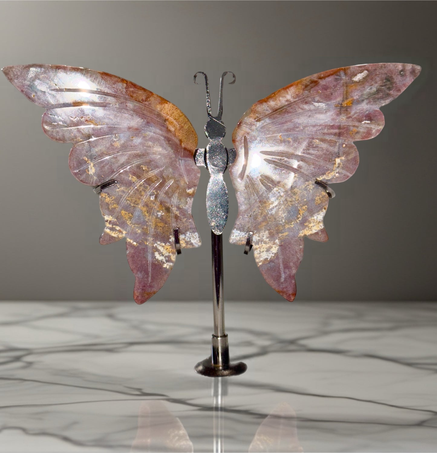 Madagascar Sea Jasper Butterfly on Silver Stand