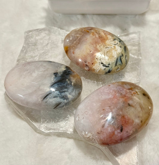 Indonesian Pink Plume Agate Palm Stones