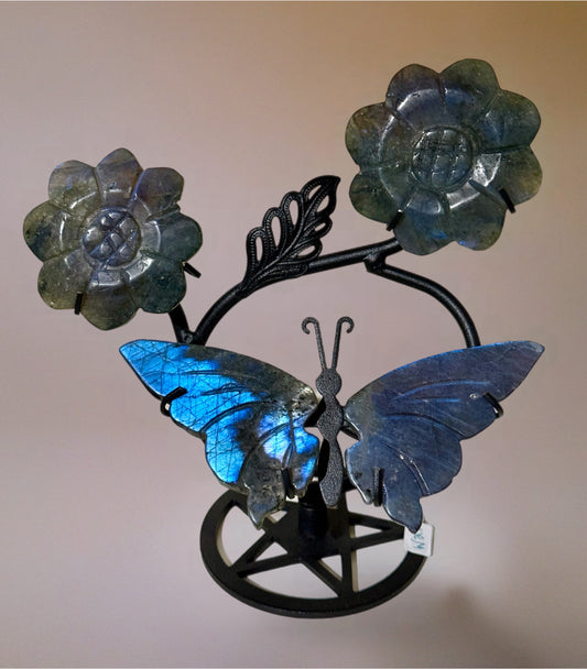 Labradorite Butterfly Flower Carving On Stand