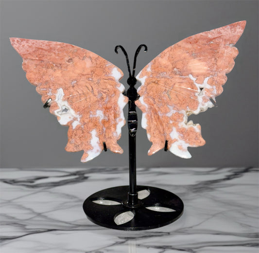 Pink Agate Druzy Butterfly on Black Stand