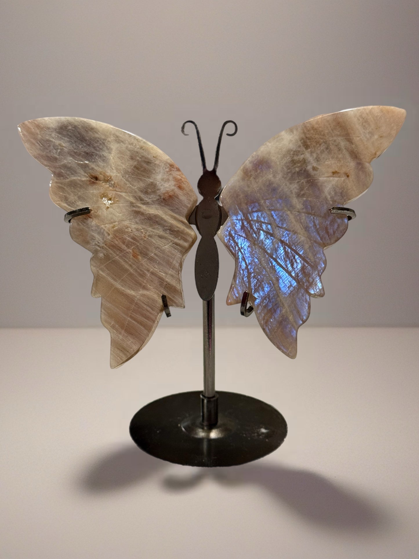 Moonstone With Sunstone Butterfly Carving With Stand
