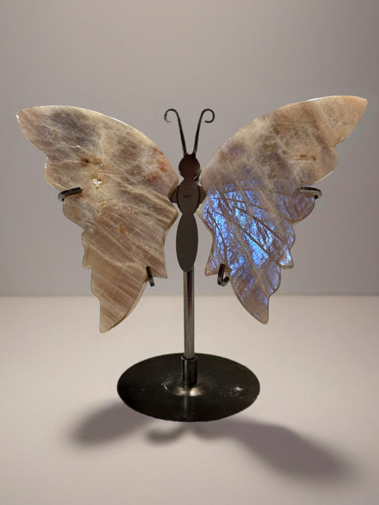 Moonstone With Sunstone Butterfly Carving With Stand