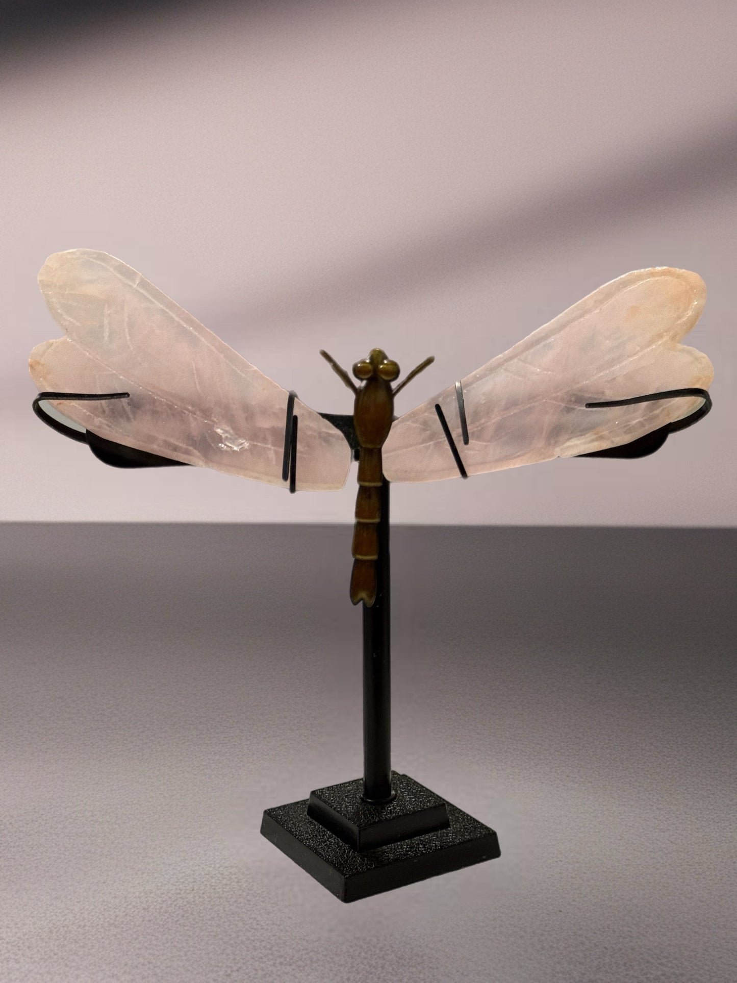 Rose Quartz With Golden Healer Dragonfly On Stand