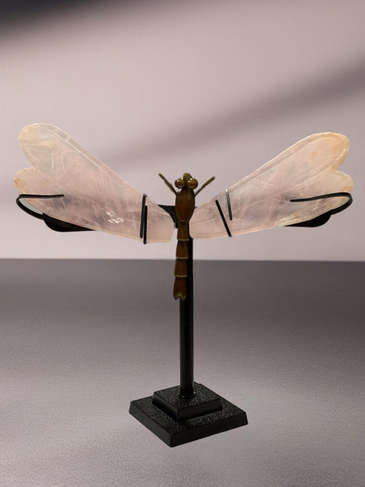 Rose Quartz With Golden Healer Dragonfly On Stand