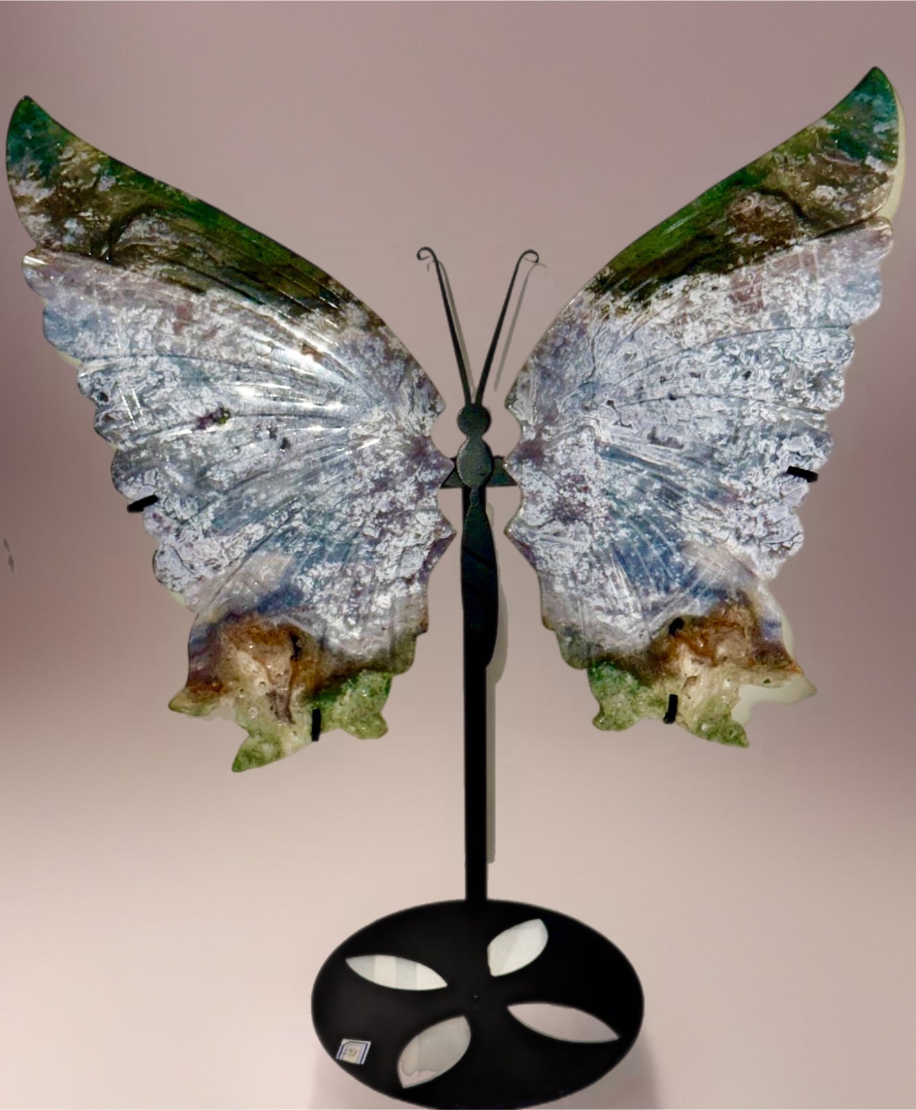 HUGE Druzy Moss Agate Wings With Stand
