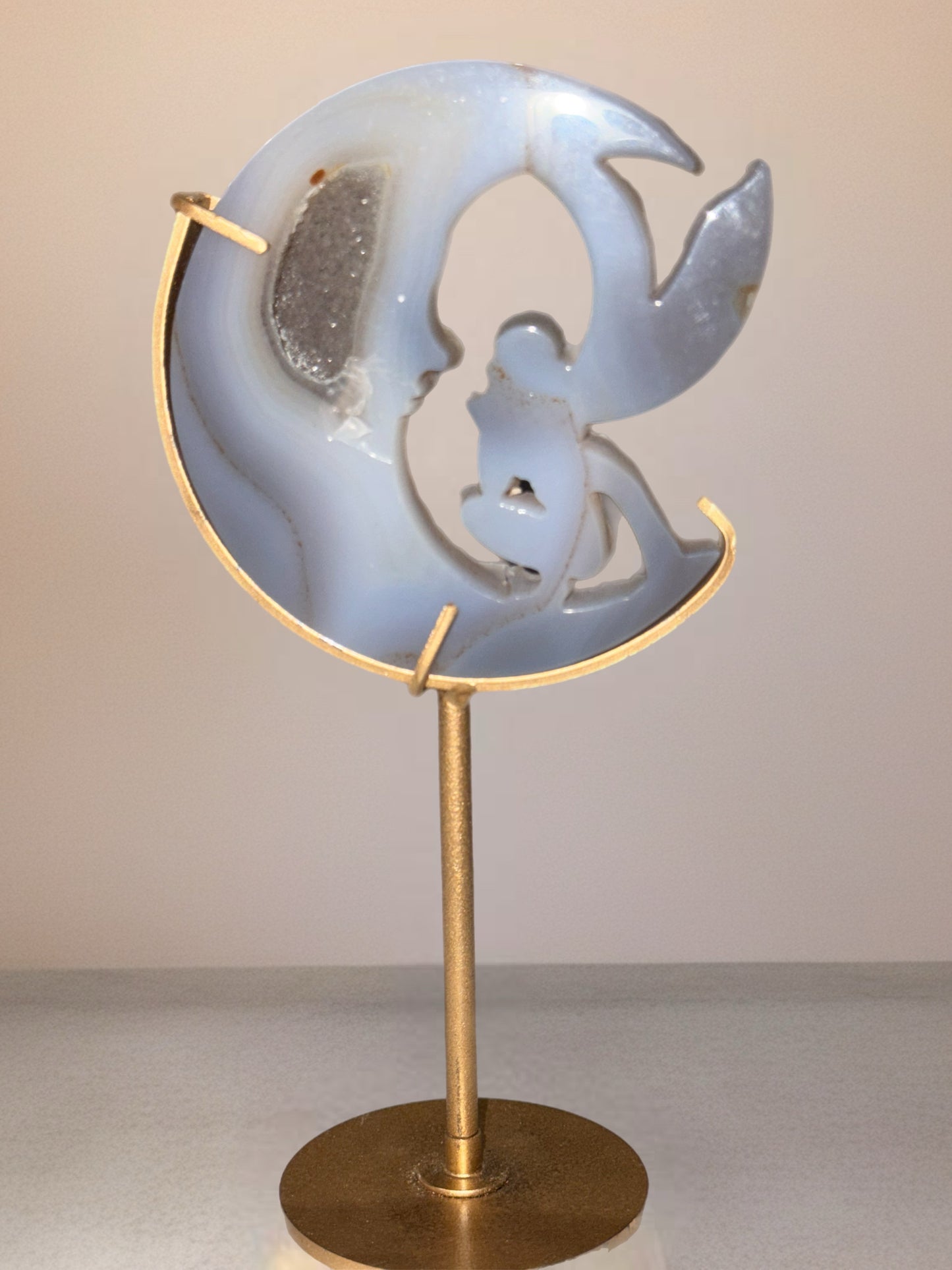 Druzy Agate Fairy Moon On Gold Stand