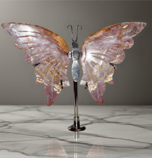 Madagascar Sea Jasper Butterfly on Silver Stand