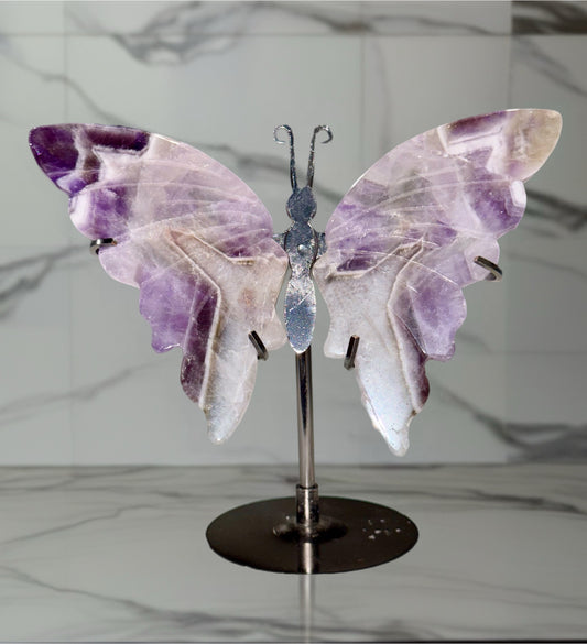 Amethyst & Smoky Quartz Butterfly on Silver Stand