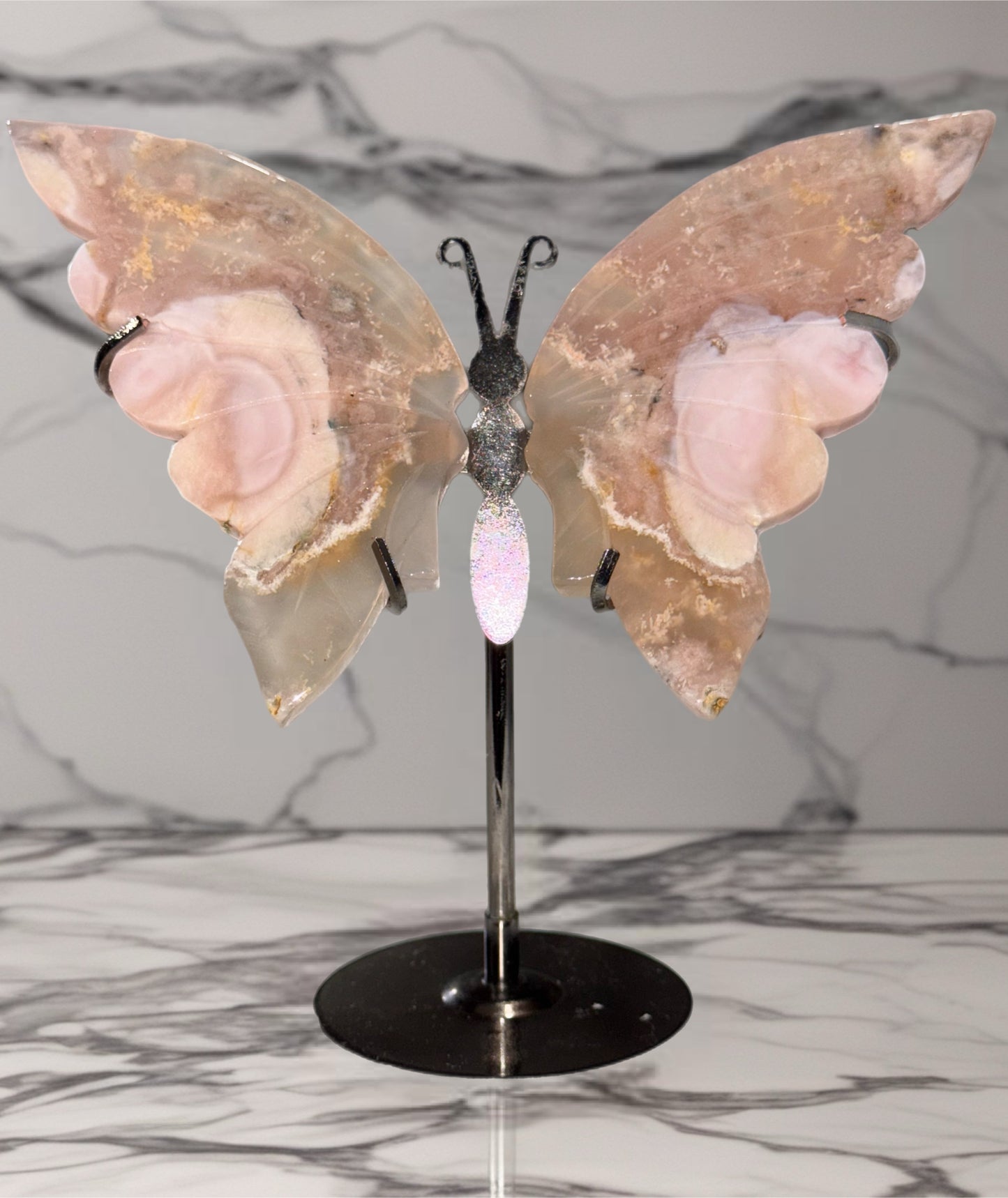 Pink Amethyst & Flower Agate Butterfly on Silver Stand